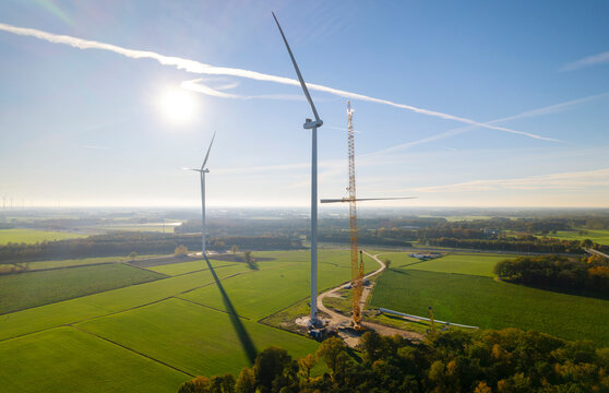 Wind turbine construction in rural Breda, the Netherlands with crane