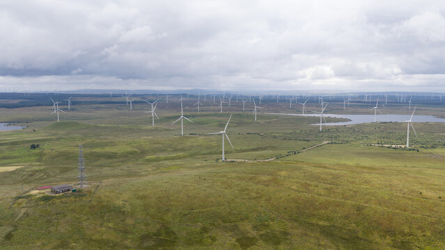 Aerial view shows Whitelee onshore windfarm generating clean power