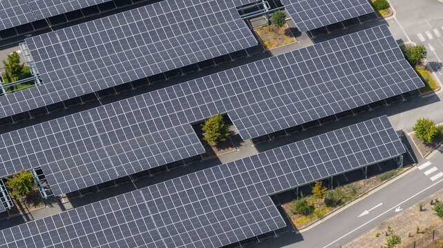 Aerial view shows a solar carport providing renewable energy