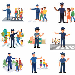 Fototapeta premium Set of cartoon police officers helping children and families cross the road safely at pedestrian crossings, road safety and community service vector illustrations