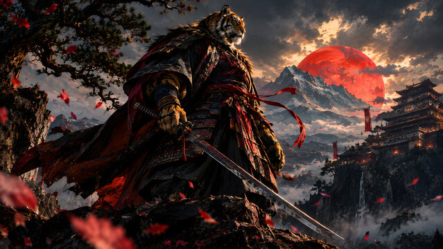Samurai Tiger Warrior in Japanese Armor &ndash; Fierce Wild Animal Fantasy Warrior and Japanese Culture Concept Art