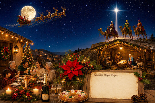Navidad, Reyes Magos, bel&eacute;n, Papa Noel, Noche Buena y Noche Vieja en familia, cena, &aacute;rbol de Navidad, rosc&oacute;n christmas y carta Felices Fiestas y A&ntilde;o Nuevo con acebo y adorno guirnalda New Year 