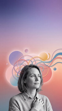 Portrait of woman holding hand to chest with colorful abstract waves and circles representing emotion, inner peace, and self care
