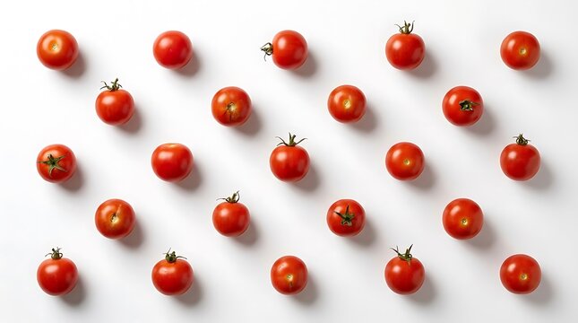 Fresh red cherry tomatoes arranged in a neat pattern with long shadows on a flat surface top view. tomate cerise