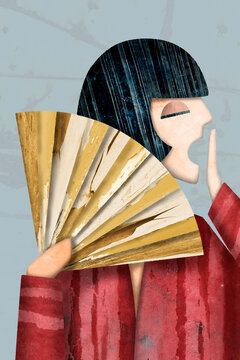 Tired woman yawns while holding a golden fan in digital collage