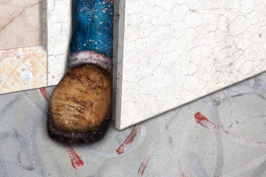 A foot in a shoe blocks a cracked door from closing