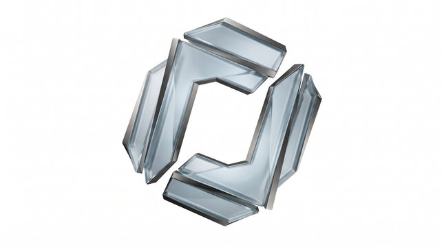 Abstract 3D geometric shape made of transparent glass panels with brushed metal frame, arranged in a rotating pinwheel pattern, isolated on white background. Futuristic technology design concept