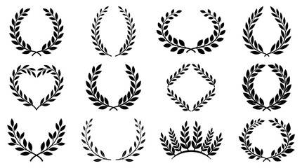 Fototapeta premium Set of black laurel wreaths, collection of foliage branches for heraldry, award emblems, celebration borders, victory symbols, isolated vector