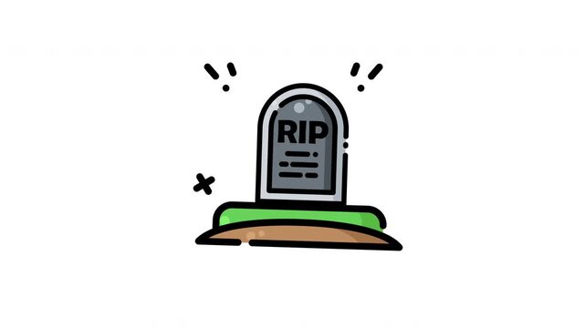 Animated tombstone icon with grey stone grave marker on grassy mound. Suitable for halloween, horror, death, cemetery, memorial, infographic designs.