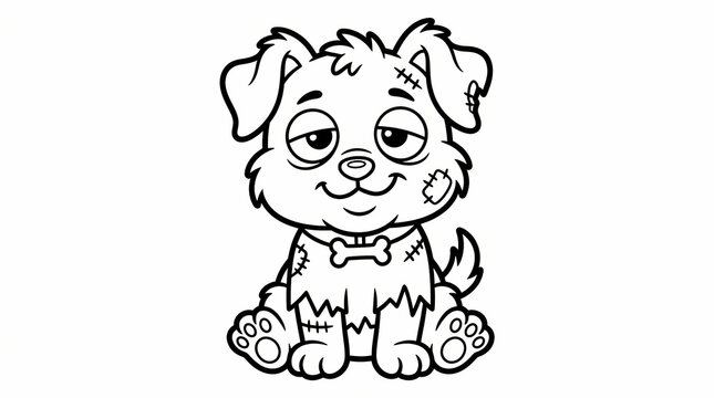 Cute Frankenstein Monster Puppy Line Art Coloring Page for Kids Featuring a Spooky Stitched Dog Character Wearing a Bone Collar Design