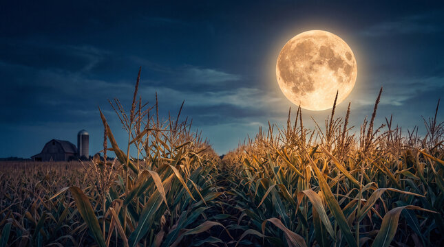 Full moon illuminating cornfield under night sky  