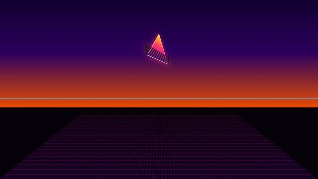 Synthwave Retrowave 80s Futuristic Background with Rotating Glowing Triangle and Neon Perspective Grid