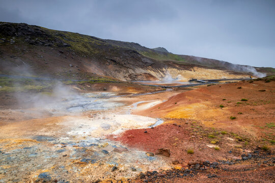 Steam rises from the colorful Seltun Geothermal Area in Iceland