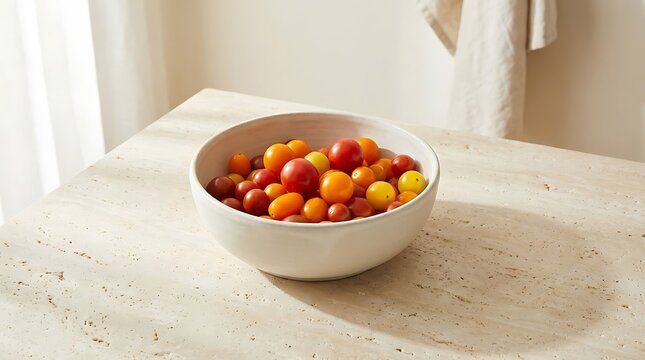 Fresh colorful cherry tomatoes in a simple white ceramic bowl sitting on a light stone kitchen table. tomate cerise