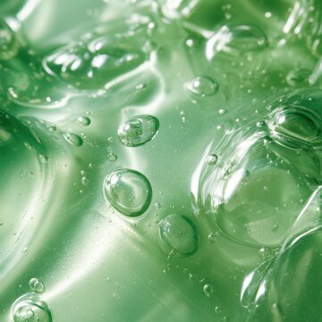 Translucent green gel shows air bubbles suspended throughout. This glossy backdrop has ample space for text and design elements.
