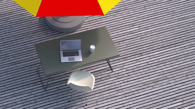 Sunshade, chair, table, coffee to go and laptop on wooden terrace, 3D Rendering