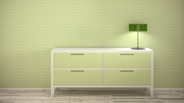 Lamp on sideboard at dotted wallpaper, 3d rendering
