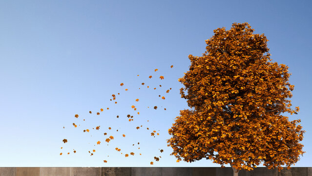 3D Rendering, tree and falling leaves in autumn