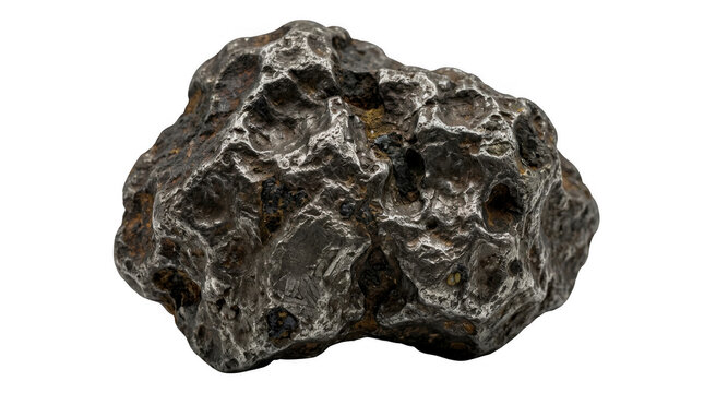 A single rough gray meteorite rock piece from space isolated on transparent background