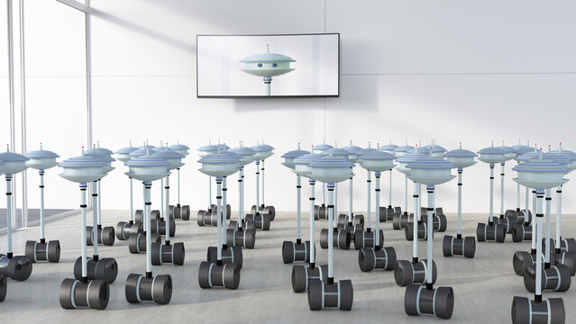 Group of robots in a room looking at screen with robot, 3d rendering