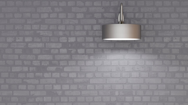 Grey wall lamp at brick wall, 3d rendering