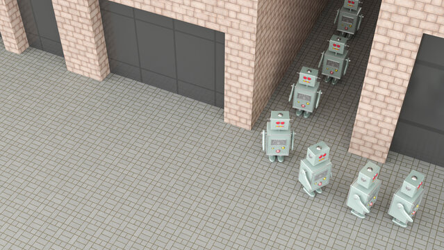 Group of robots walking through passageway in a row, 3d rendering