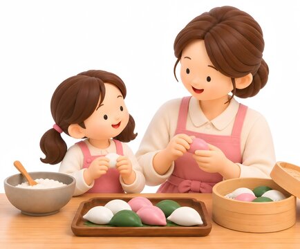 추석 송편을 만드는 엄마와 아이 3D 일러스트Generating AI