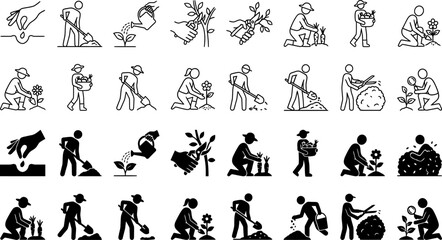 Obraz premium Gardening people collection displays various farming activities and human silhouette icons.