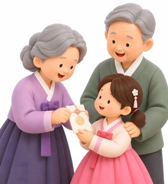 추석에 손녀에게 선물을 주는 할머니와 할아버지 3D 일러스트Generating AI