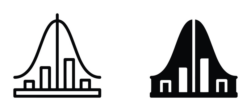 Statistical Distribution Icons, Normal Curve and Bar Chart Symbols, Data Analysis Concepts