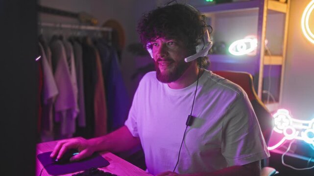 Man wearing headset raises fists and grins at studio desk beside computer mouse and neon lights, seated in gaming setup; excitement victory.