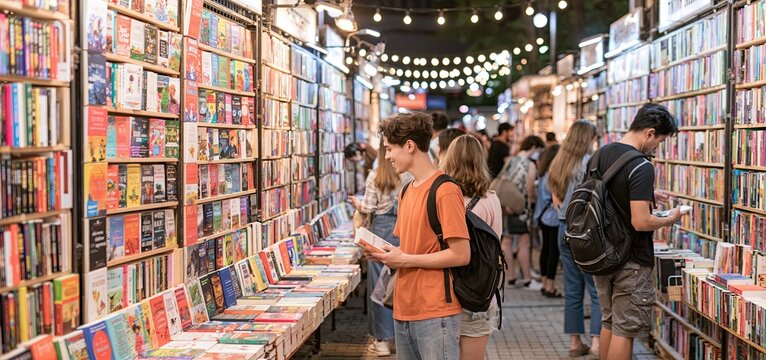Vibrant book market filled with lively stalls, diverse visitors, warm ambiance, and a festive community spirit.