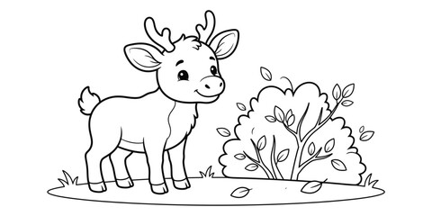 A delightful coloring page featuring a charming young reindeer standing near a lush evergreen tree perfect for kids and families to enjoy © Rushna