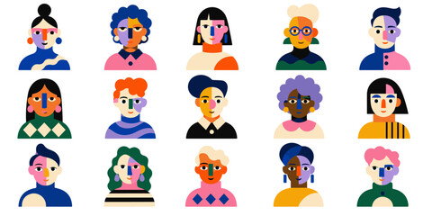 Naklejka premium Fifteen Diverse Abstract People Avatars with Color Block Geometric Faces Flat Vector Set on White Background