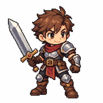 Cute chibi fantasy warrior in pixel art style wearing armor and carrying a large sword, isolated on white background for RPG, adventure, and 2D game asset design.