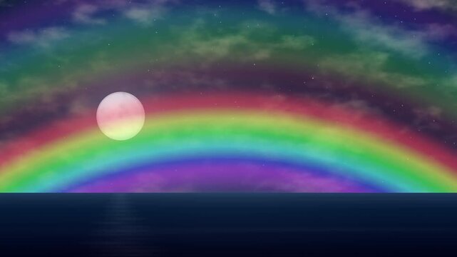 Vibrant Rainbow Arching Over Calm Sea with Glowing Sun at Sunrise
