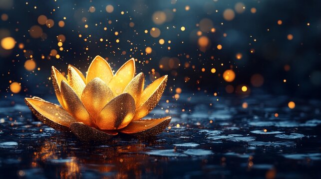 Golden lotus flower floating on dark water with glowing sparks. Symbol of spiritual awakening and inner peace. Zen meditation concept for wellness and spa background design aesthetic.