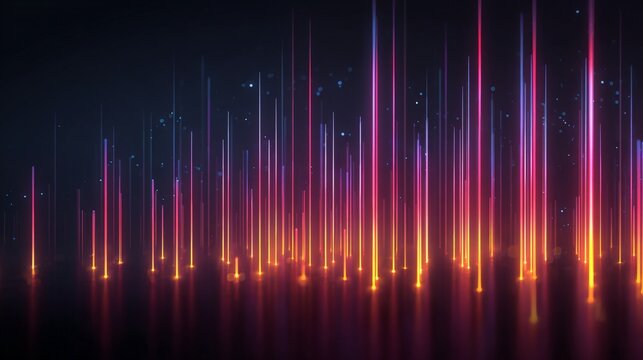 Glowing neon vertical lines rising in dark space. Abstract digital light rays creating futuristic background. Cyberpunk virtual concept for graphic design and data visualization theme.