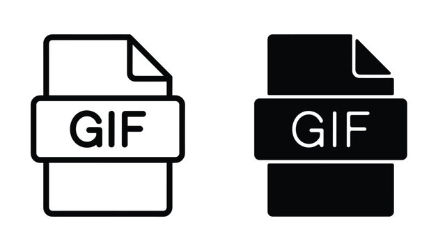 GIF file format icon. A clean, vector graphic showing the GIF file format icon in both outline and solid black versions, representing digital media and file types.