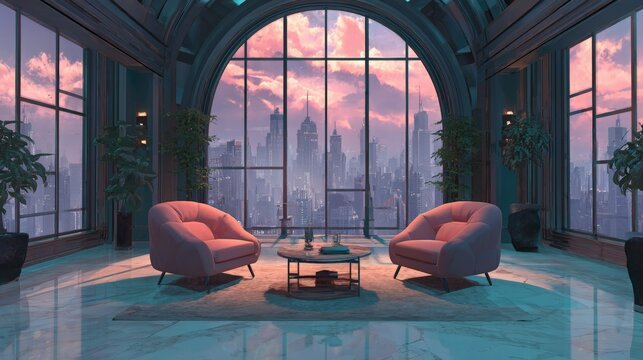 Luxurious penthouse living room with modern armchairs and city skyline view. Interior design of high-end apartment with sunset light. Modern architecture, metropolitan lifestyle.