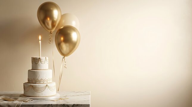 A beautiful tiered cake with golden balloons to celebrate a festive and elegant happy birthday party event