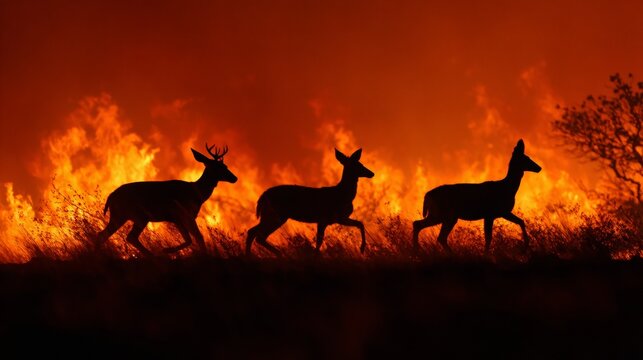 Group of deer running away from a forest wildfire. Silhouette of animals escaping a burning landscape during a natural disaster. Environmental concept of climate change impact on wildlife.
