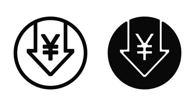 Yen Down Icon. Two graphic icons, one outlined and one solid black, display the Japanese Yen symbol with a downward pointing arrow, signifying a decrease in value or a negative trend.