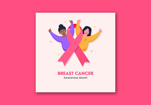Editable Breast Cancer Awareness Month Social Media Post with Cheering Women and Pink Ribbon Symbol.