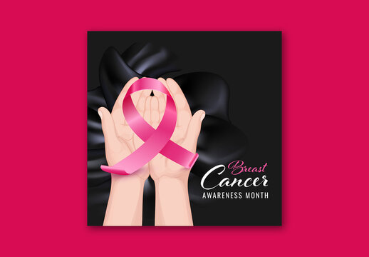 Editable Breast Cancer Awareness Month Social Media Post in Dark Theme with Pink Ribbon on Hands.