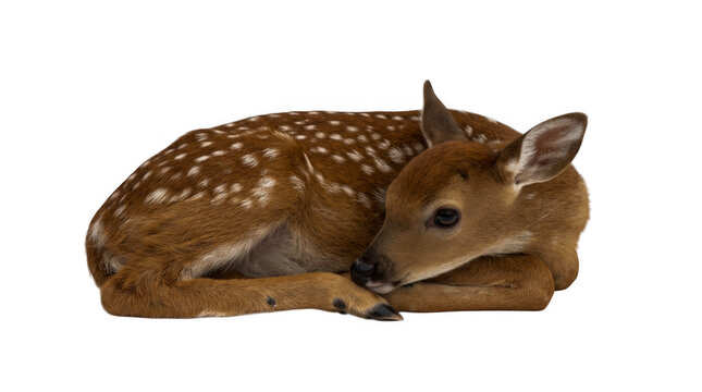 Cute baby deer fawn resting on the ground isolated on transparent background