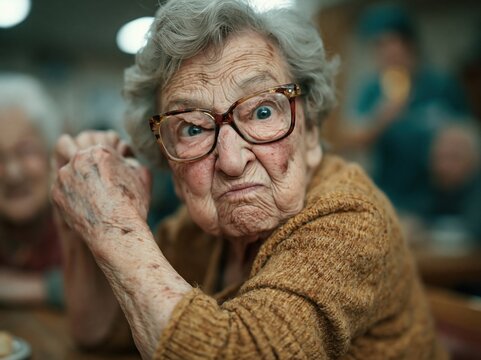 Grumpy old woman with glasses and clenched fists.