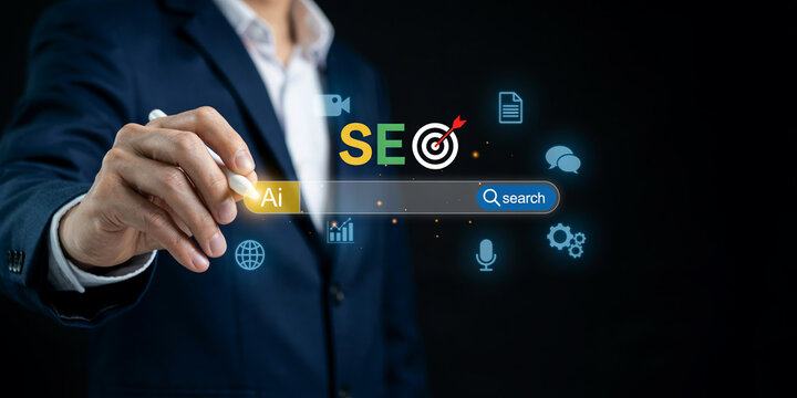 Businessman touching digital screen with search engine optimization icons