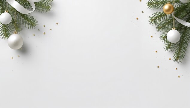 Fondo festivo de Navidad con ramas naturales, adornos blancos y gran espacio vac&iacute;o para mensaje o promoci&oacute;n