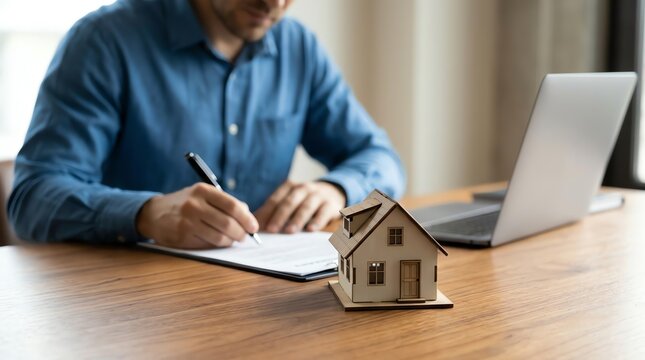 Close-up of a person writing on a document at a desk with a wooden house model, real estate contract concept